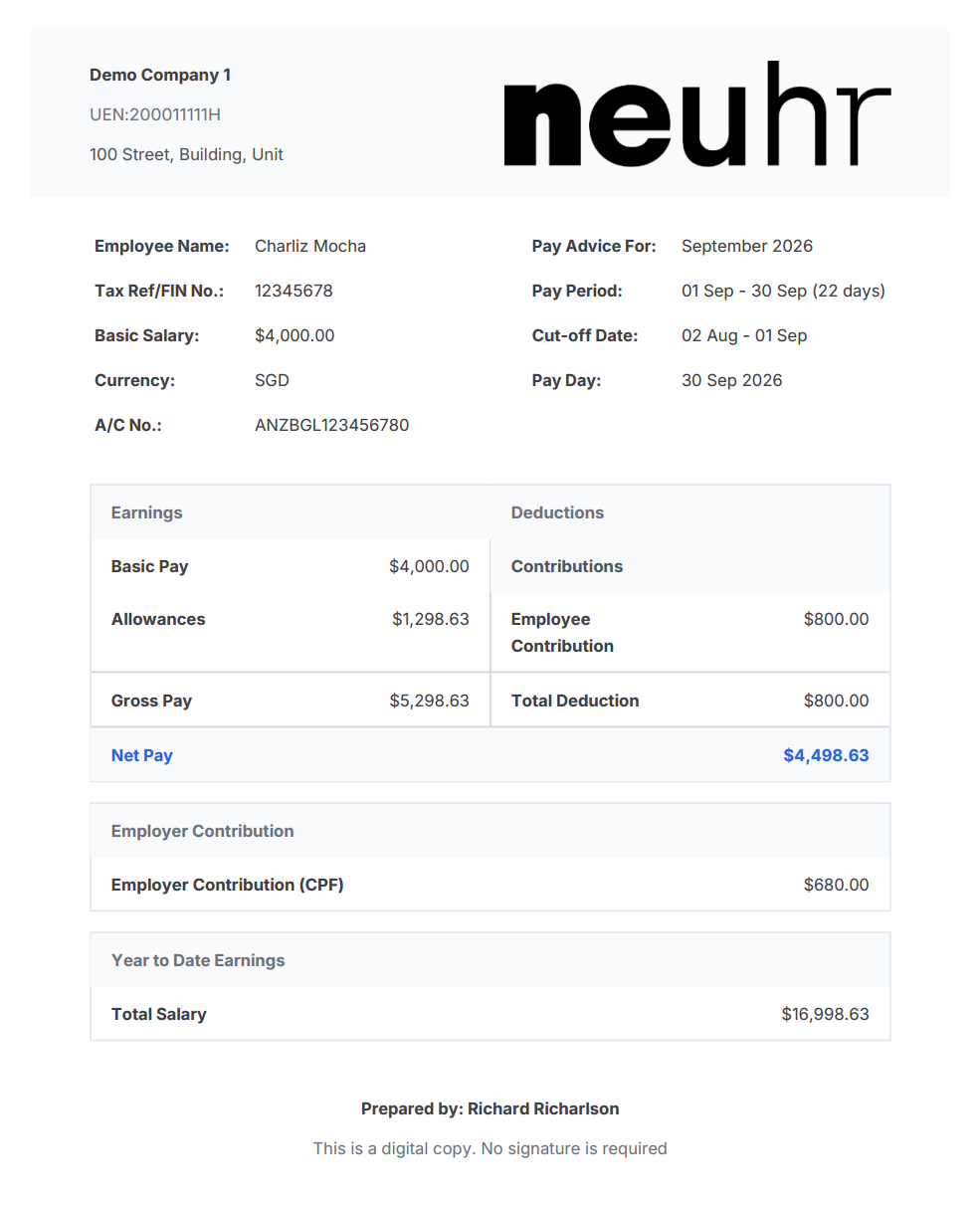 Sample NeuHR itemised payslip showing earnings, deductions and net pay.