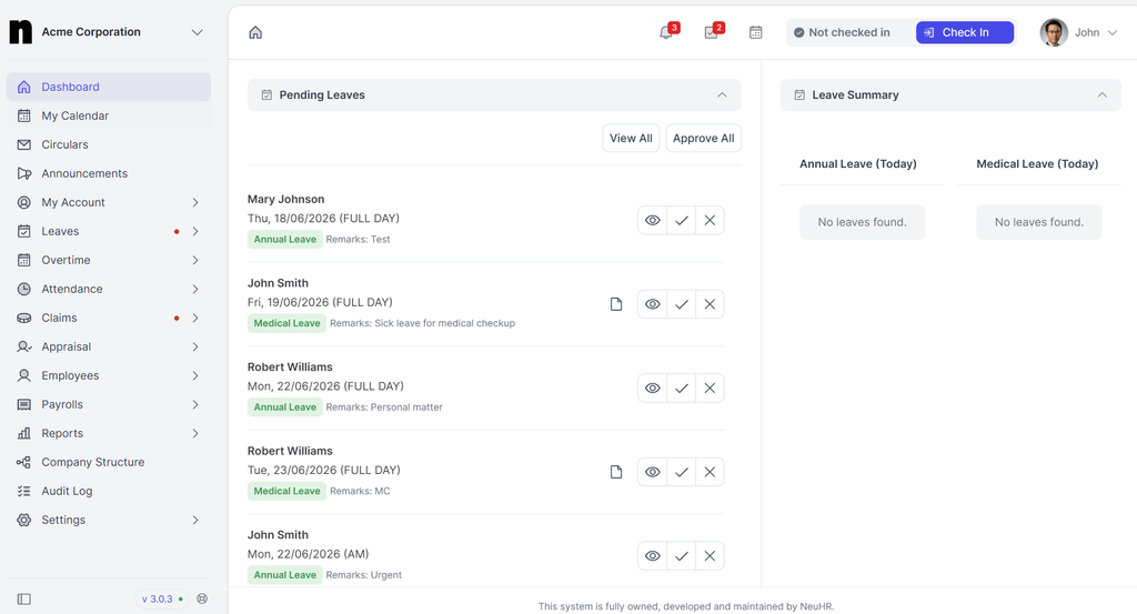 NeuHR dashboard showing pending leave requests and expense claims.