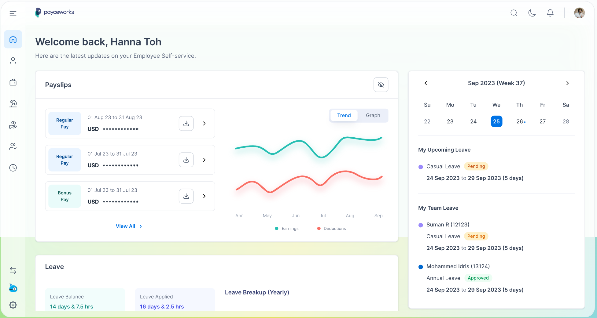 

Ramco employee self-service dashboard showing payslips, earnings trends and leave balances.