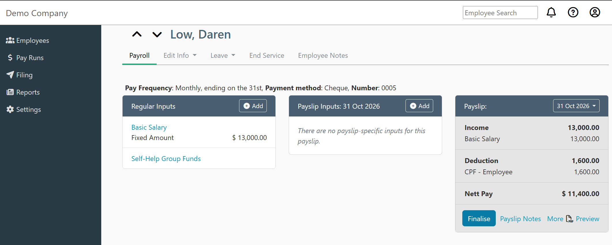 

SimplePay employee payroll screen showing basic salary, CPF deductions and net pay.