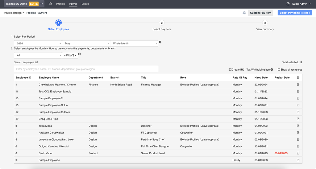 Talenox payroll screen for selecting employees and the pay period.