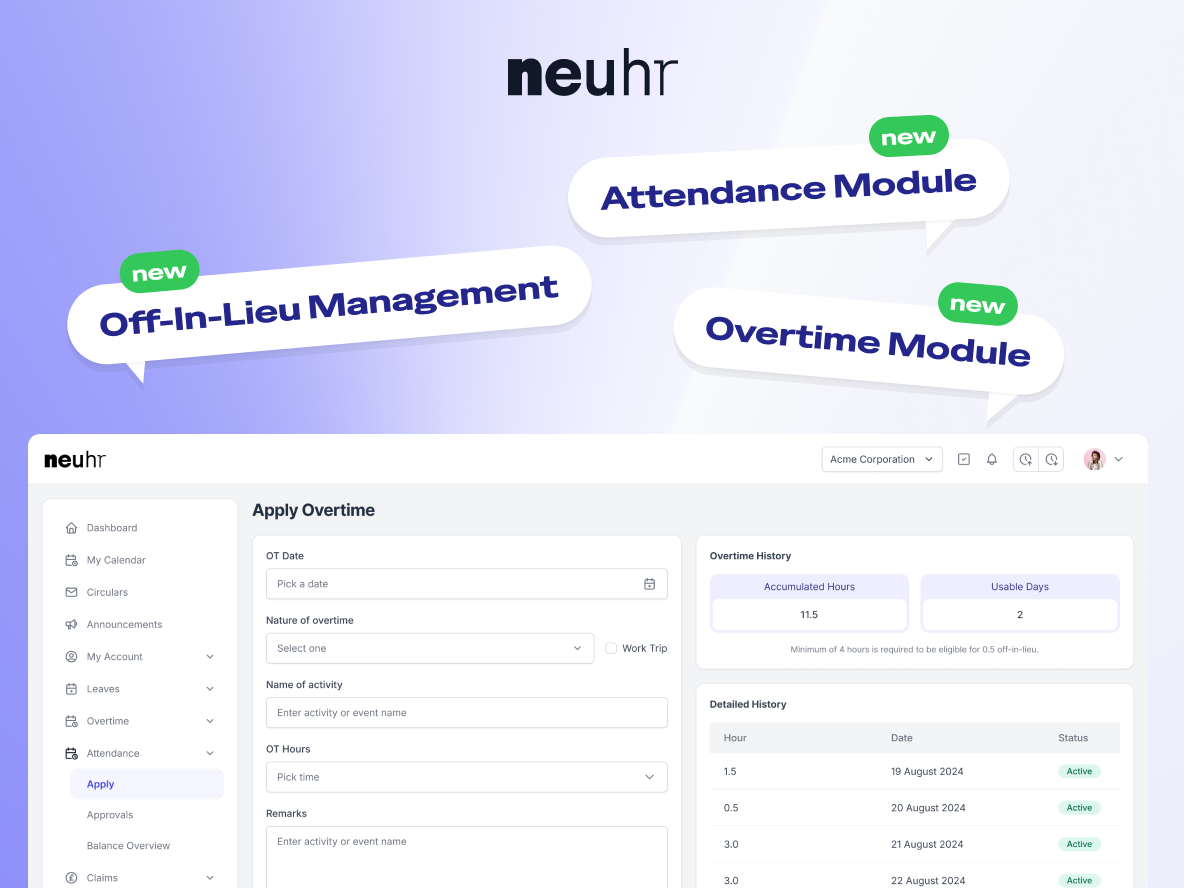 NeuHR Version 2.5.0: Powering Smarter HR with Built-In Attendance &amp; Off-In-Lieu Management