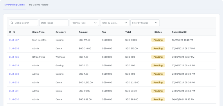 NeuHR claims management dashboard for employee reimbursements