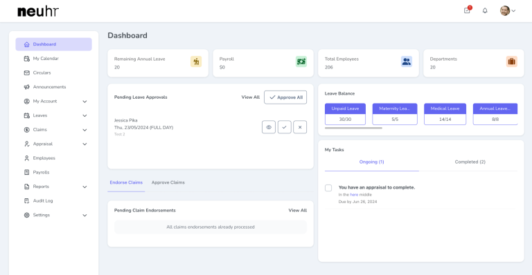 NeuHR HRMS dashboard showing free payroll software features for SMEs
