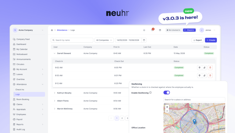 NeuHR 3.0.3 attendance dashboard showing geofencing controls and employee attendance records