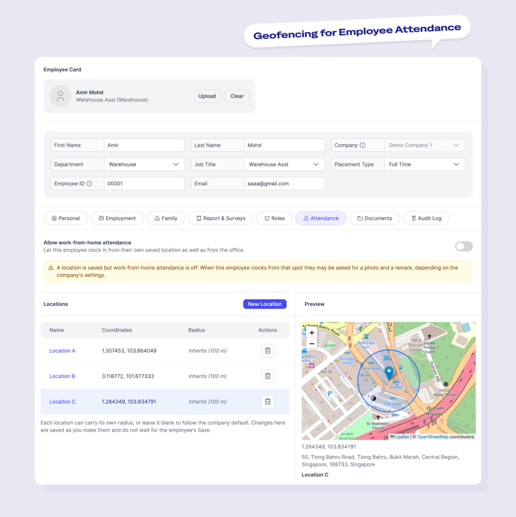 NeuHR employee attendance settings showing multiple geofence locations and radius controls