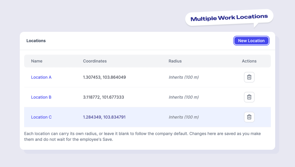 NeuHR work location settings showing multiple locations with coordinates and geofence radius