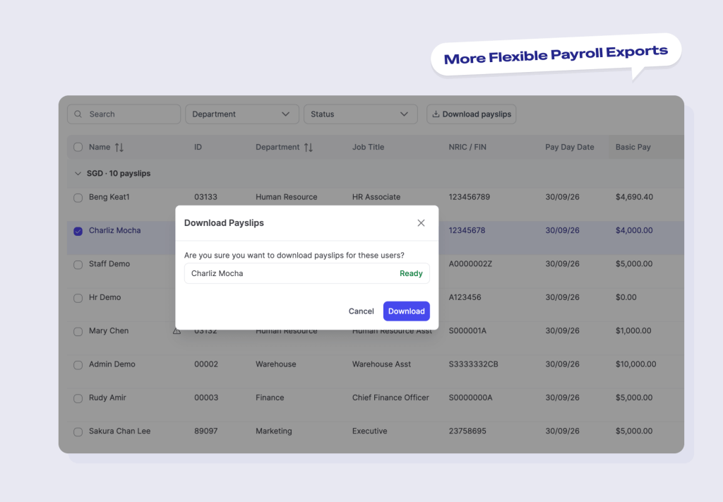 NeuHR payroll screen showing employee selection before downloading payslips