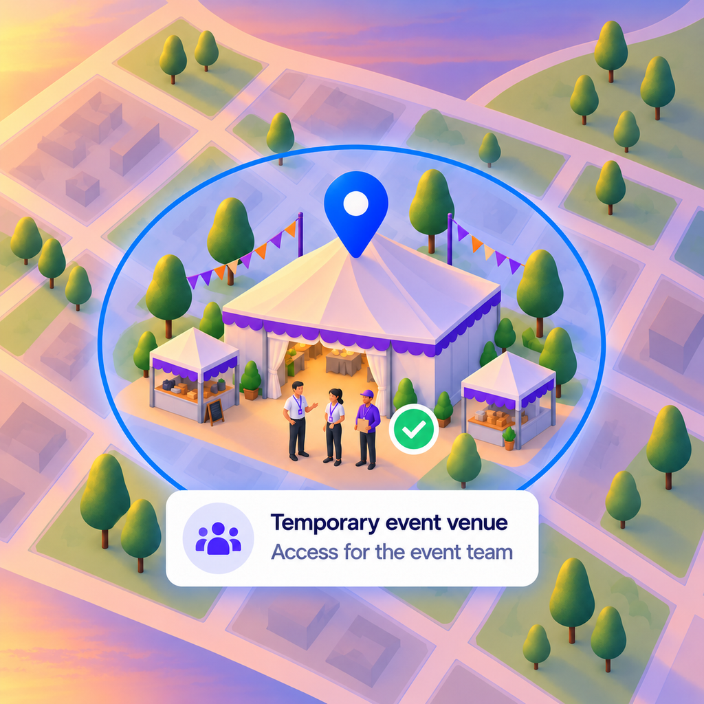 Temporary event venue within a geofence boundary, labelled for access by the event team.