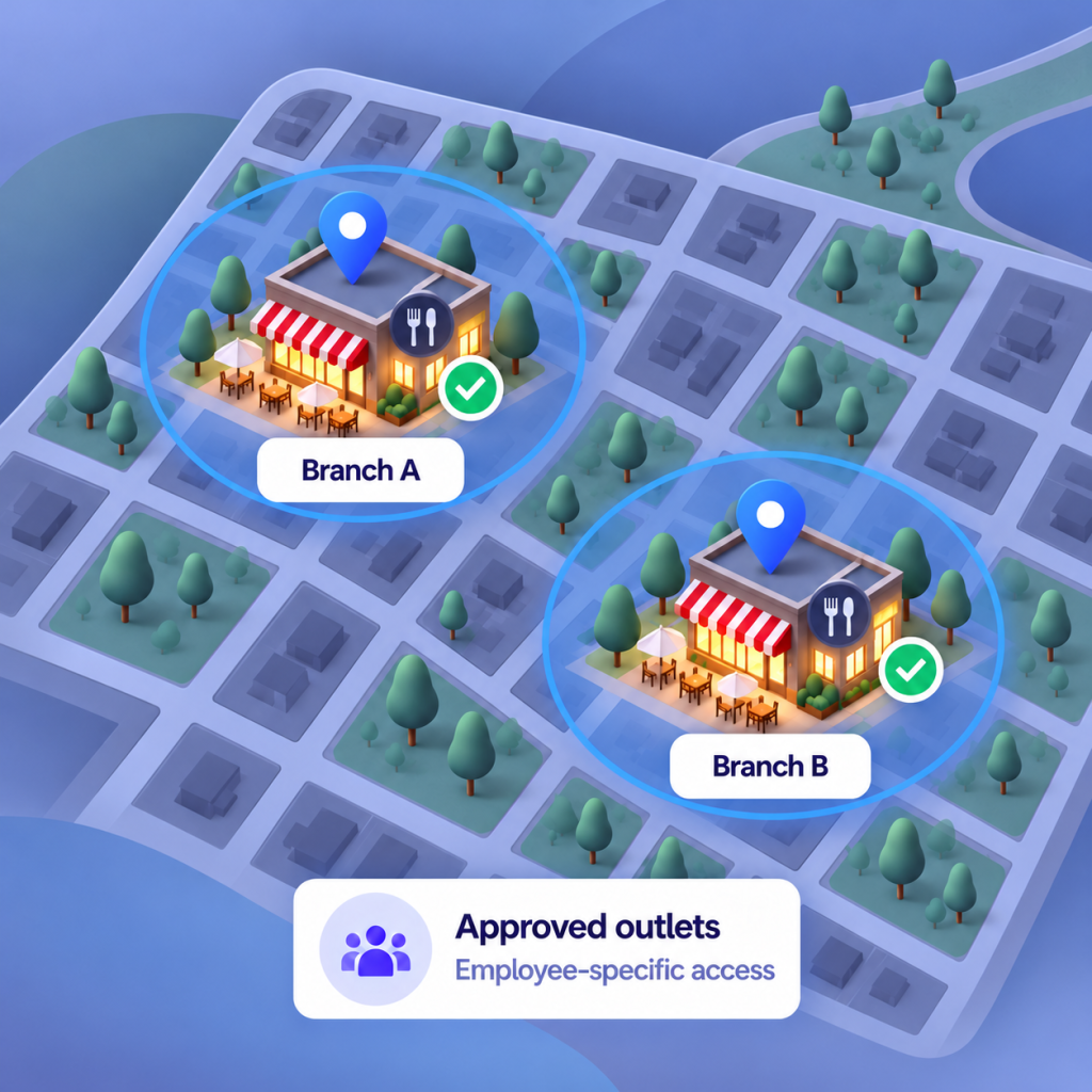 Restaurant branches A and B shown within separate geofence boundaries, with employee-specific access to approved outlets.