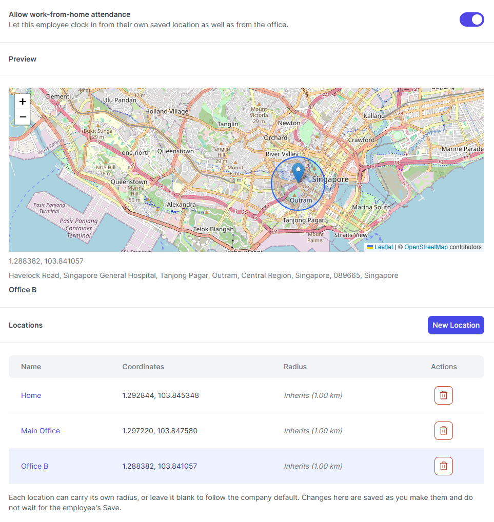 NeuHR employee settings listing Home, Main Office and Office B, with a map preview of Office B’s geofence boundary.