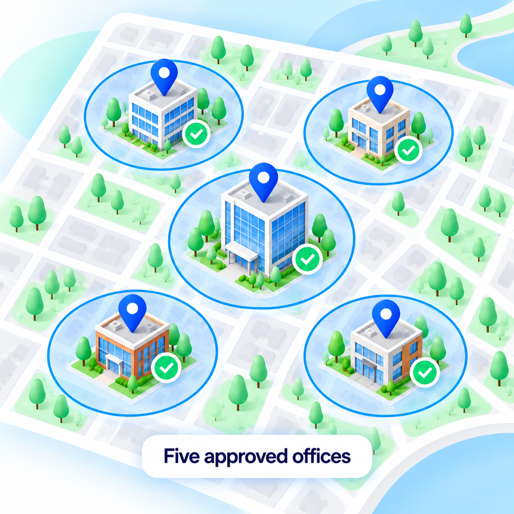 Five office buildings on a map, each marked with a location pin and an approved geofence boundary.