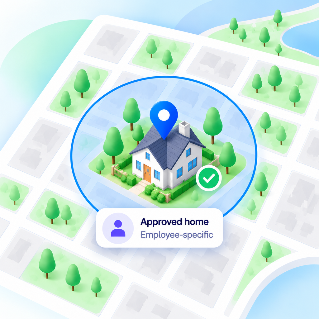 House within a geofence boundary, labelled as an approved home location with employee-specific access.